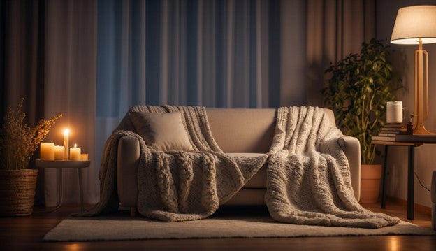 A cozy living room with a soft, knitted throw blanket draped over a comfortable sofa, with a warm glow from a nearby lamp