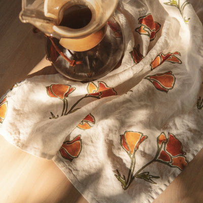 Orkney Block Poppy Print Linen Tea Towel