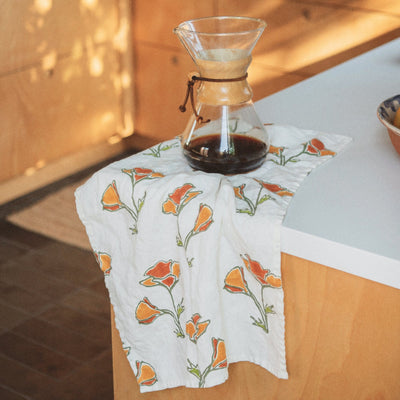 Orkney Block Poppy Print Linen Tea Towel