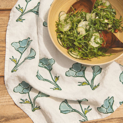 Orkney Block Poppy Print Linen Tea Towel