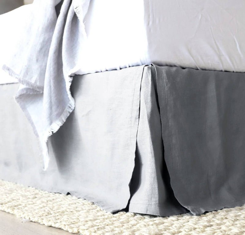 bed detail of 100% linen bedskirt heavyweight Orkney linen fabric natural light brown beige tan color
