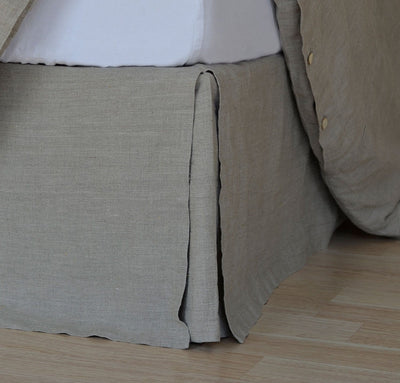 bed detail of 100% linen bedskirt heavyweight Orkney linen fabric natural light brown beige tan color