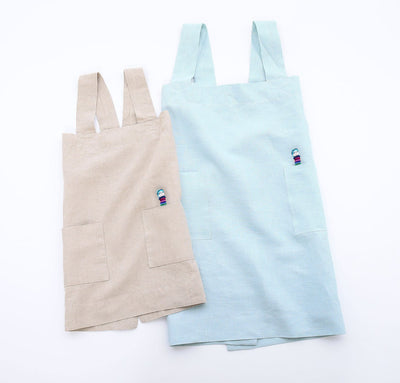 100% linen pinafore aprons light blue aqua natural beige tan light brown colors