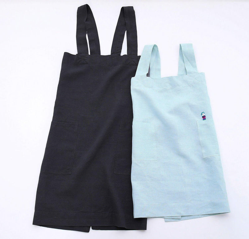 picture of woman and child wearing 100% linen pinafore apron light blue aqua grey charcoal colors