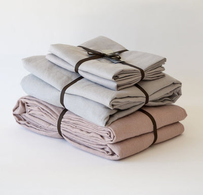 Flax linen summer bed set, 100% linen sheets and summer cover - light linen blanket, dusty rose pink light grey bedding