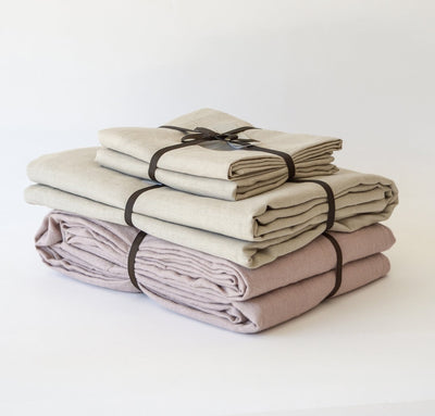 Flax linen summer bed set, 100% linen sheets and summer cover - light linen blanket, dusty rose pink natural raw un-dyed bedding
