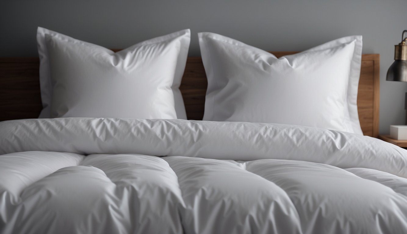 A close up of a bed with white pillows and a duvet cover