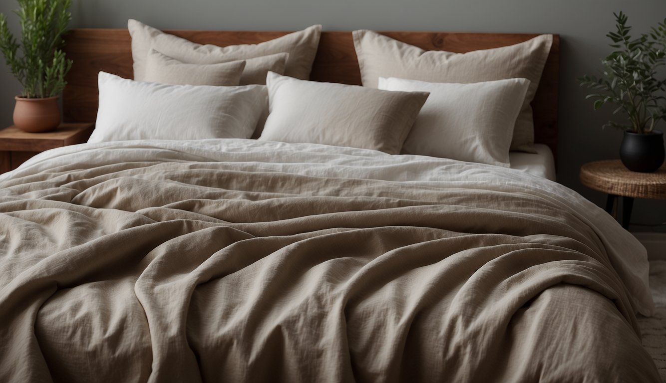 A cozy bed with a smooth beige linen cover