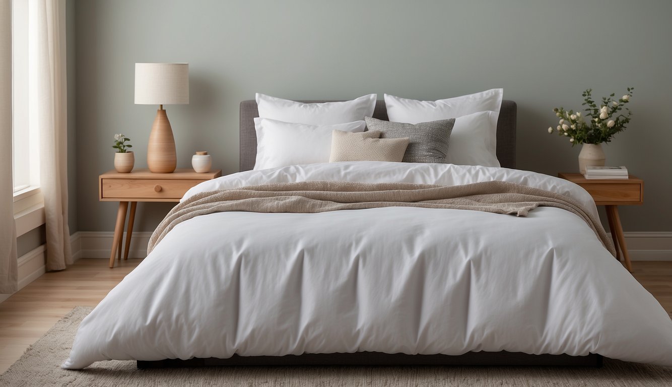 A white bed with a white comforter, pillows, and a fitted sheet