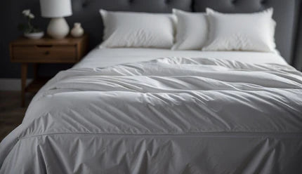 white bed sheet, and pillows and a comforter with a fitted sheet