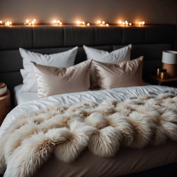 A cozy bed with a fluffy duvet and comforter, neatly arranged with pillows