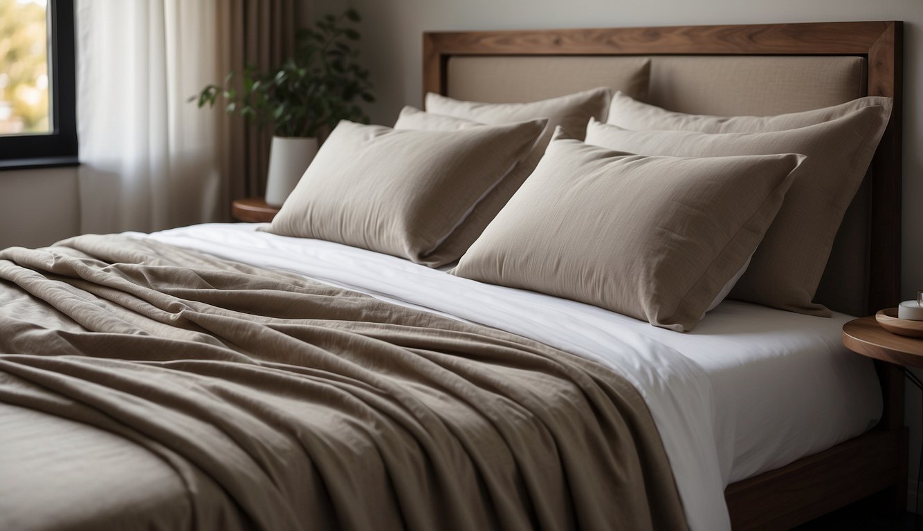 Bed with brown blanket and pillows, covered with bed sheet