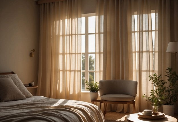 Sunlight filters through the best linen curtains, casting a warm glow on the room. The fabric gently billows in the breeze, creating a serene and elegant atmosphere