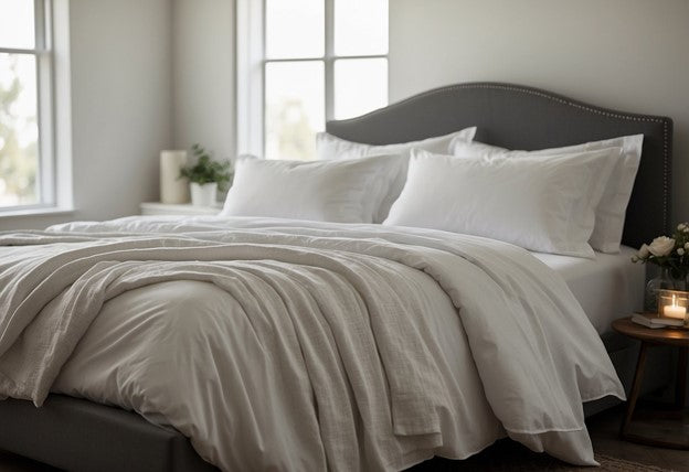 A bed with crisp, white linen sheets, softly draped and inviting, surrounded by a calm and serene atmosphere