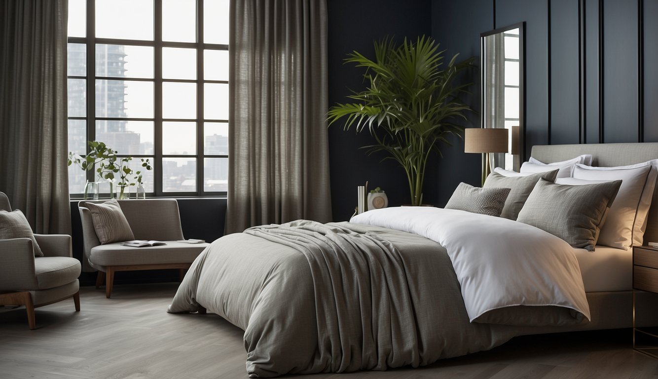 Dark wood floor bedroom with big window and duvet cover