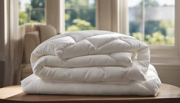 A down comforter is spread out flat on a drying rack in a well-ventilated area with natural light streaming through a nearby window