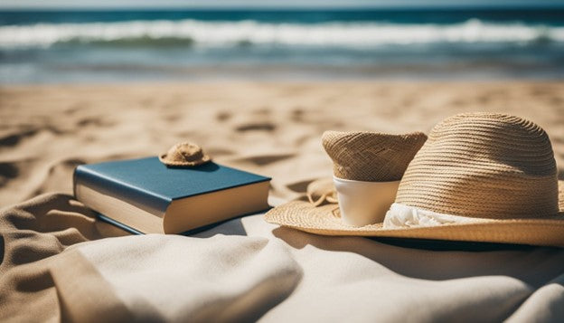 A sunny beach with a linen picnic blanket, a straw hat, and a book. Waves gently crash in the background, and a light breeze rustles the fabric