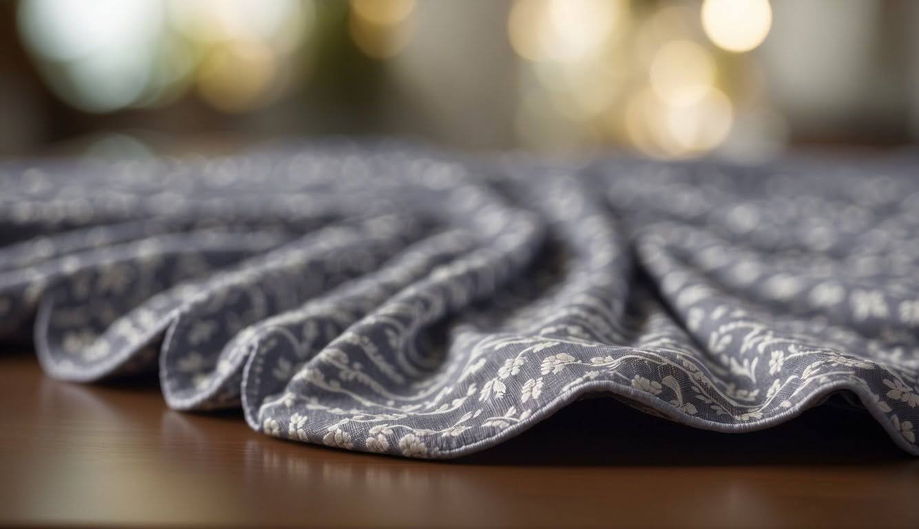 a printed color gray round tablecloth on the table