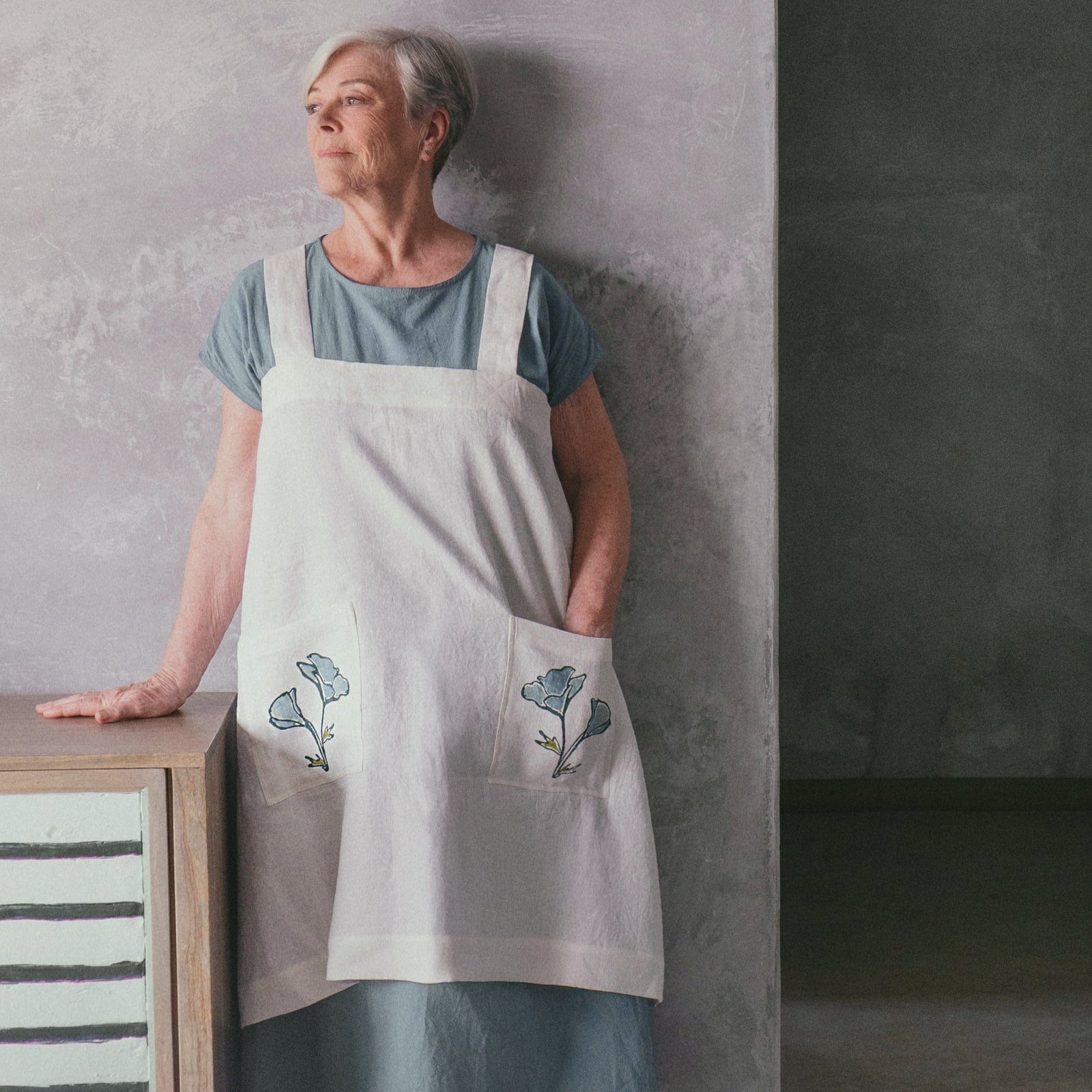 The Original Poppy Block Print Linen Pinafore-Apron