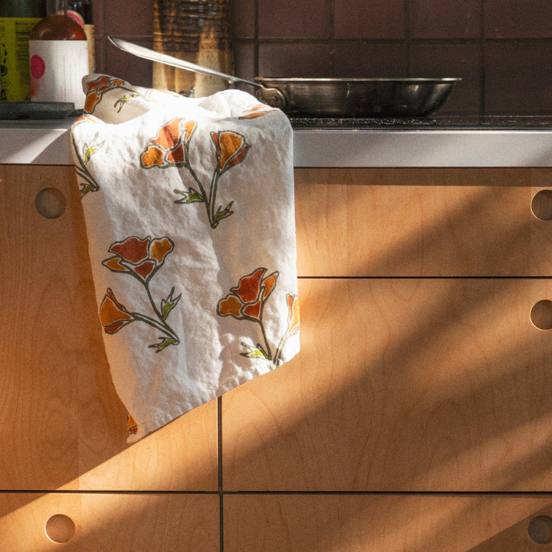 Orkney Block Poppy Print Linen Tea Towel