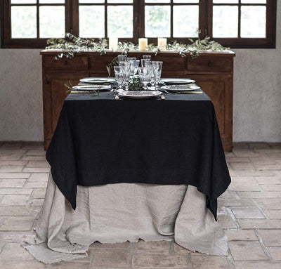 layered linen tablecloths black heavyweight linen long tablecloth with wide hems