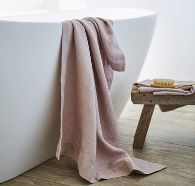 bathtub with 100% linen bath sheet heavyweight Orkney linen fabric sturdy antimicrobial large bath towel rose light pink color