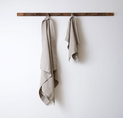 hanging 100% linen bath towel sturdy antimicrobial fast drying heavyweight Orkney linen fabric natural light brown tan beige color