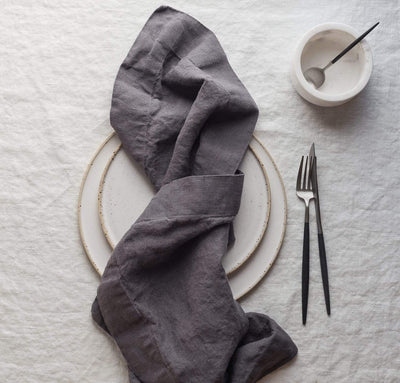 dining table scene with 100% linen napkins heavyweight Orkney linen fabric charcoal color