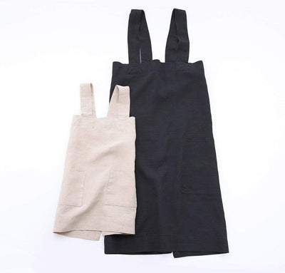 pair of 100% linen pinafore apron set with adult and children sizes black natural light beige tan colors