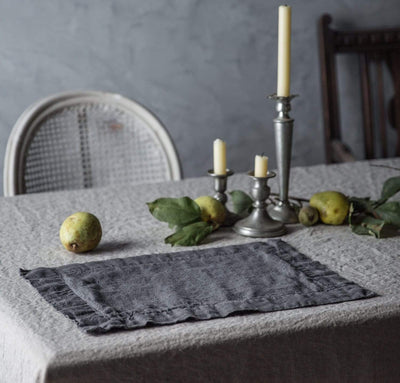 dining table scene with 100% linen placemat heavyweight Orkney linen fabric charcoal color