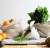 fruits and vegetables inside 100% linen produce bags strong durable linen fabric antimicrobial multi-use shopping bags