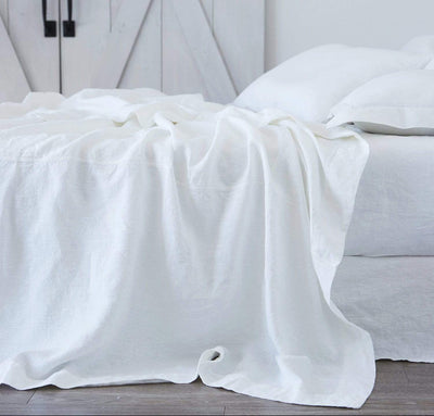 all-white bed, white linen summer bedding - summer cover lightweight linen blanket