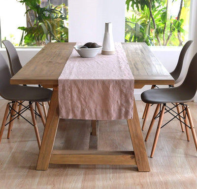 dusty rose pink linen table runner on table, all-natural, quality table linens