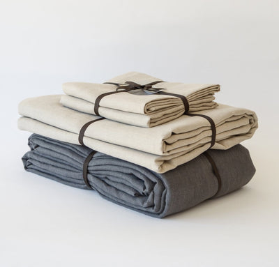 Flax linen summer bed set, 100% linen sheets and summer cover - light linen blanket, dark charcoal grey and natural, un-dyed raw linen bedding