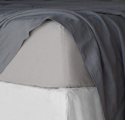 closeup detail of 100% linen fitted sheet light grey color