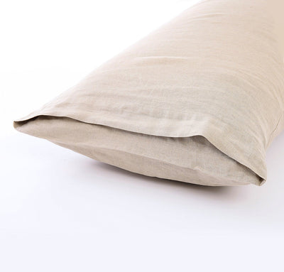 closeup detail of 100% linen body pillow cover smooth linen natural un-dyed light brown beige color