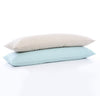 stack of two 100% linen body pillow cases mid-weight St. Barts linen fabric un-dyed natural taupe beige light blue aqua turquoise colors